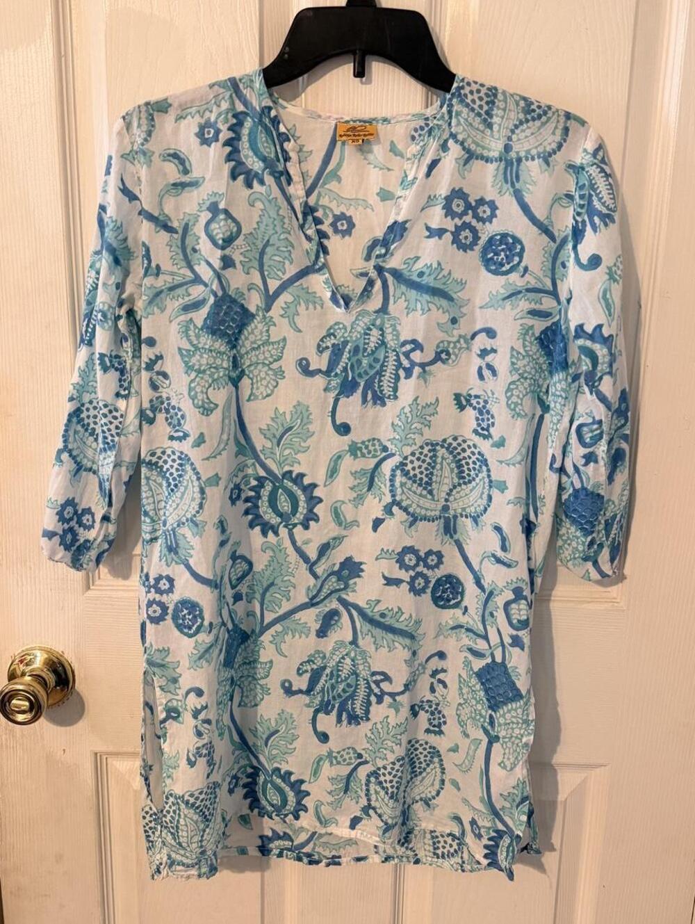 Roberta Roller Rabbit "Amanda" Block Print Cotton Kurta Tunic Dress / Cover-Up